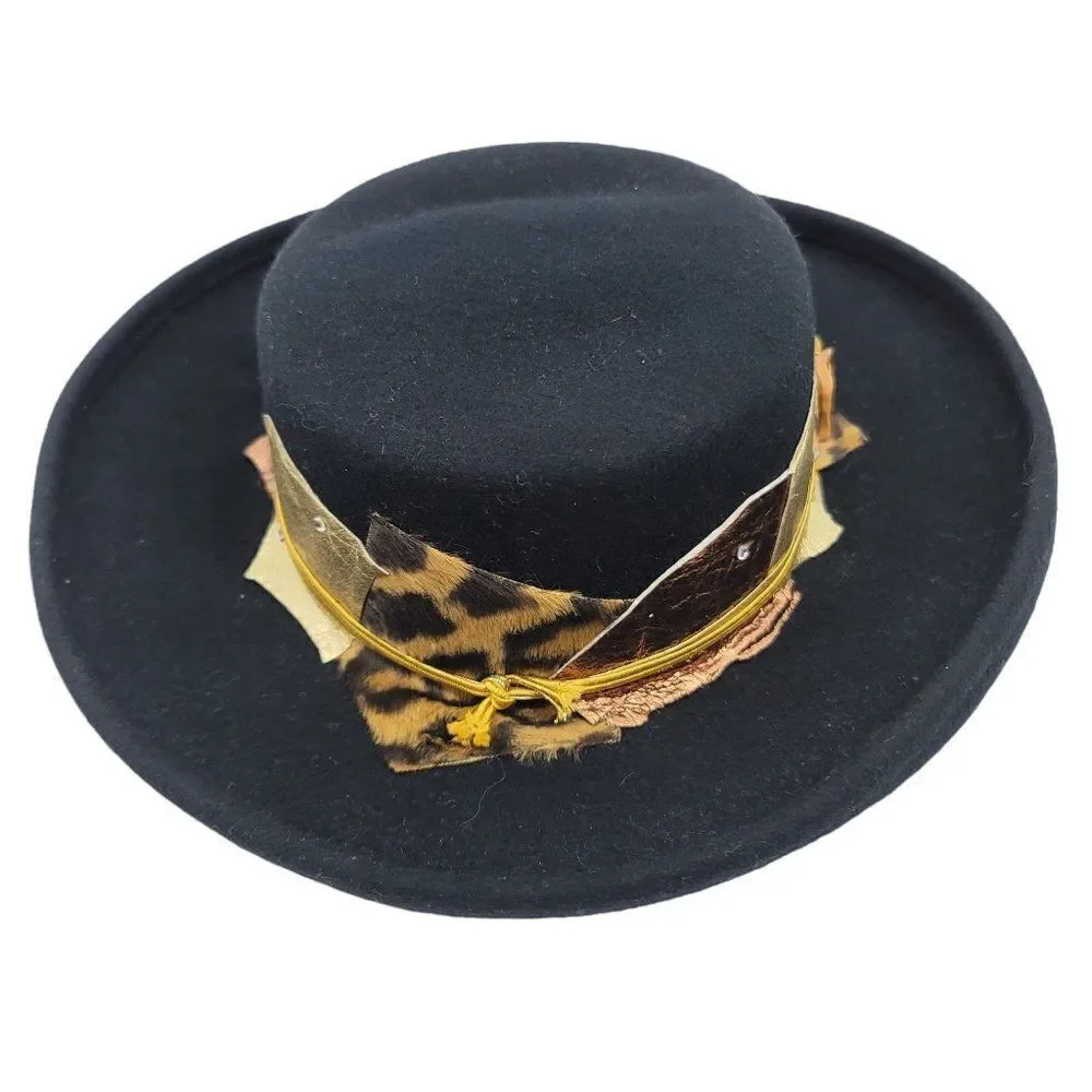 Vintage 50's Womens Sonni Hat Fedora Black Gold Animal Patchwork Accent Madonna - Picture 7 of 10